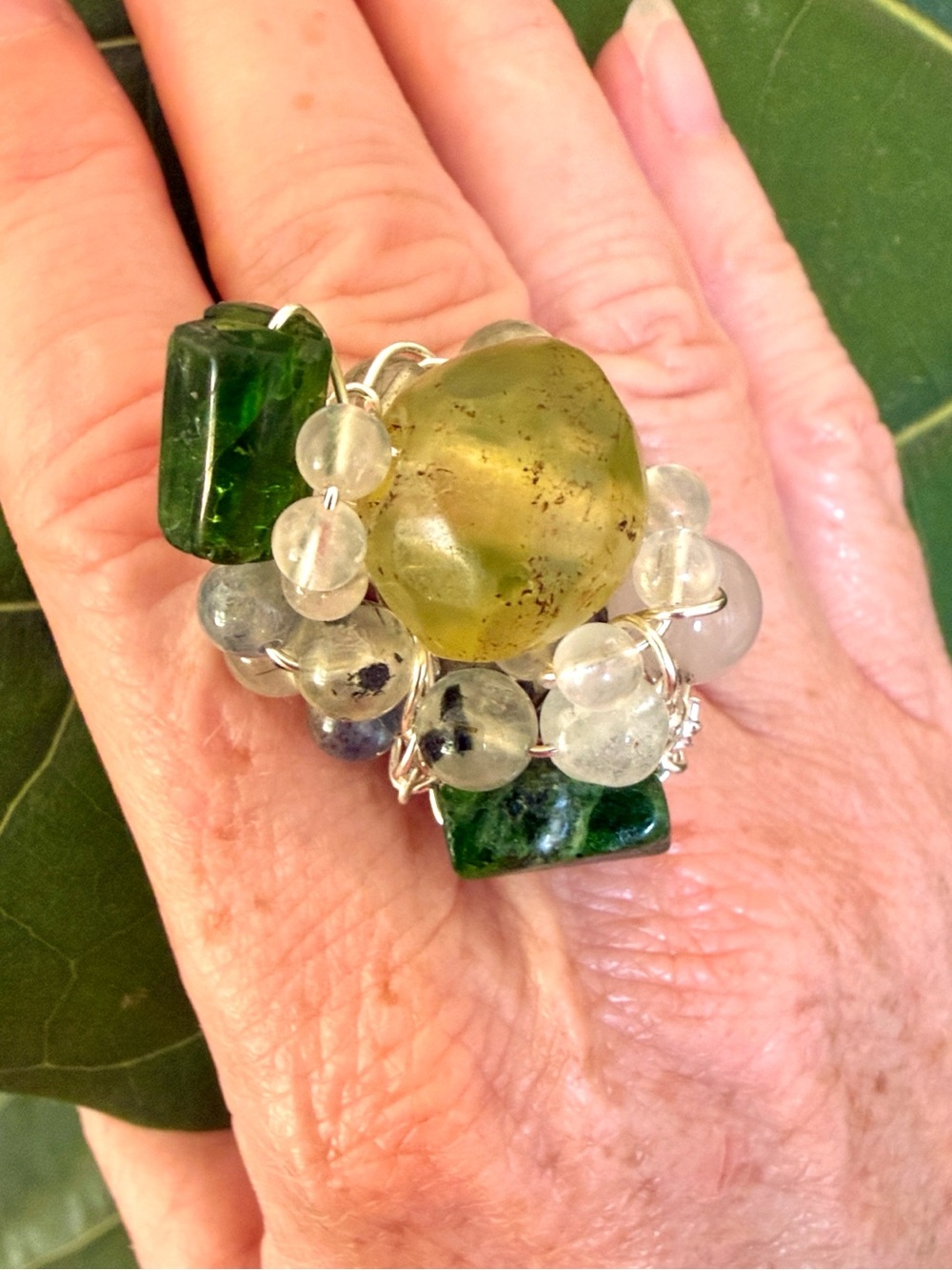 1800’s Uranium Glass bead adjustable ring chrome diopside moonstone and Prehnite